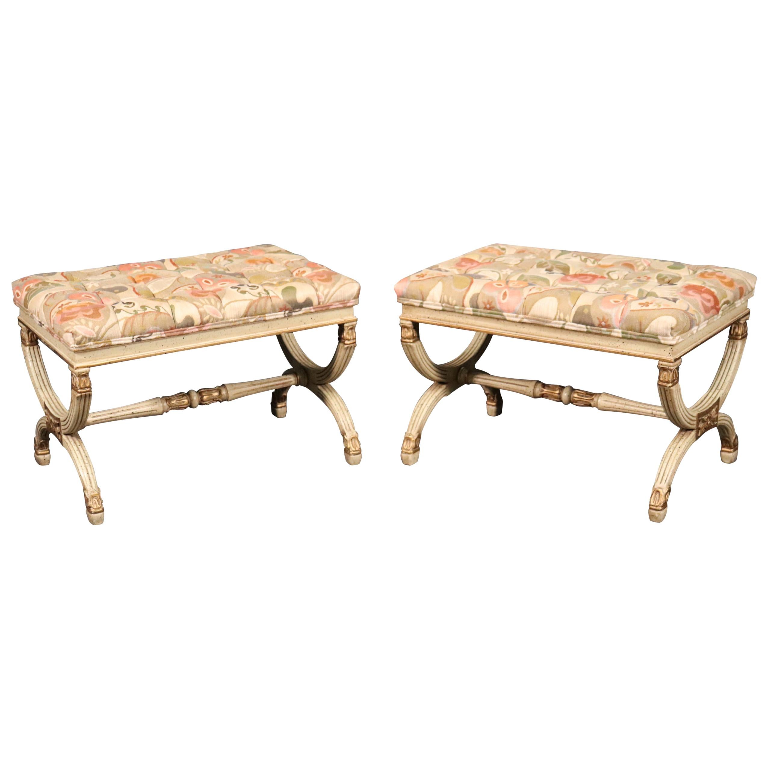 Pair of Antique White Painted Louis XVI Style Ottomans Benches Stools circa 1950