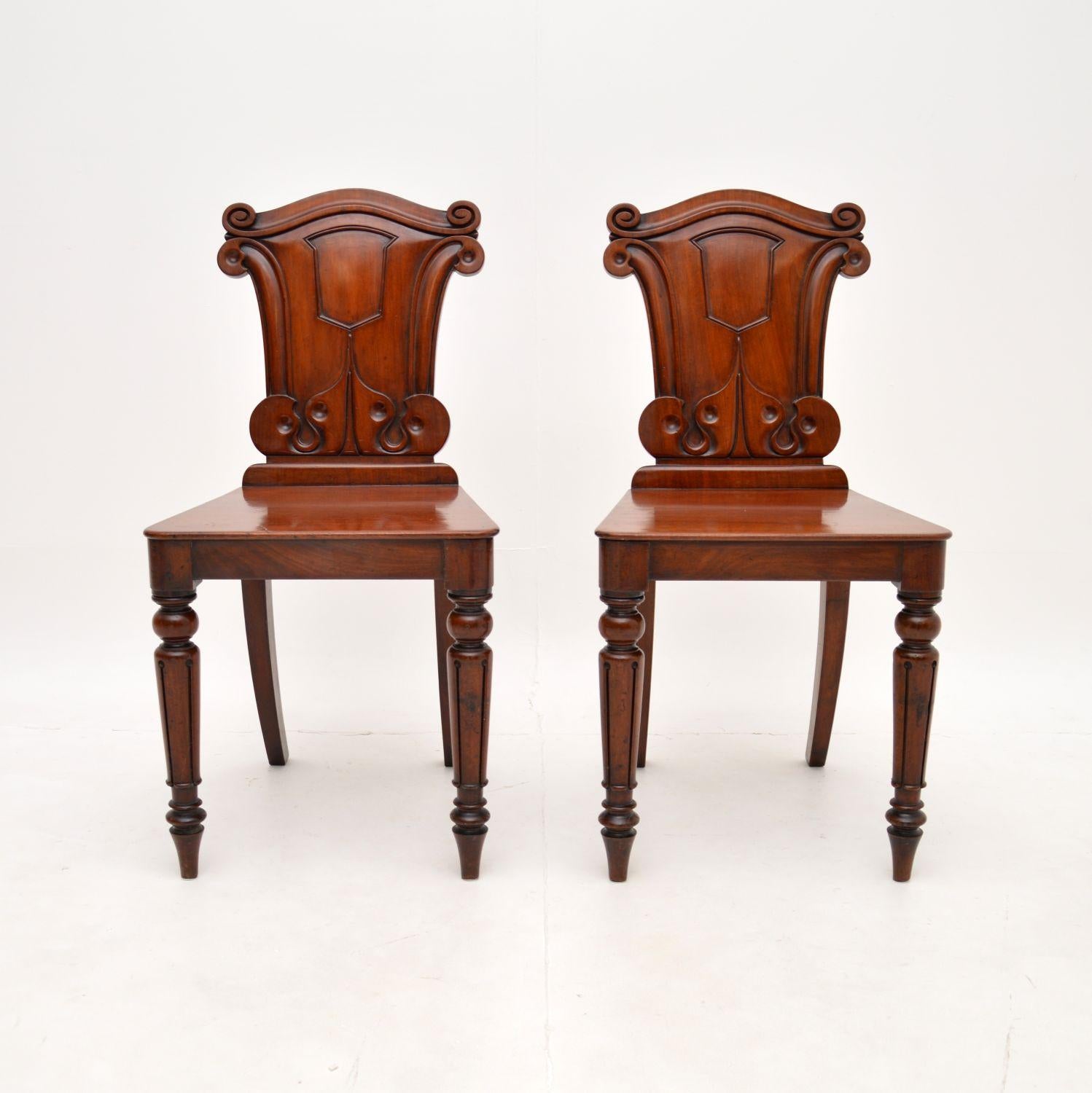 A lovely pair of antique William IV hall chairs. They were made in England, they date from the 1830-1840 period.

The quality is outstanding, they are beautifully constructed from solid wood with a gorgeous design and wonderful carving. They are a