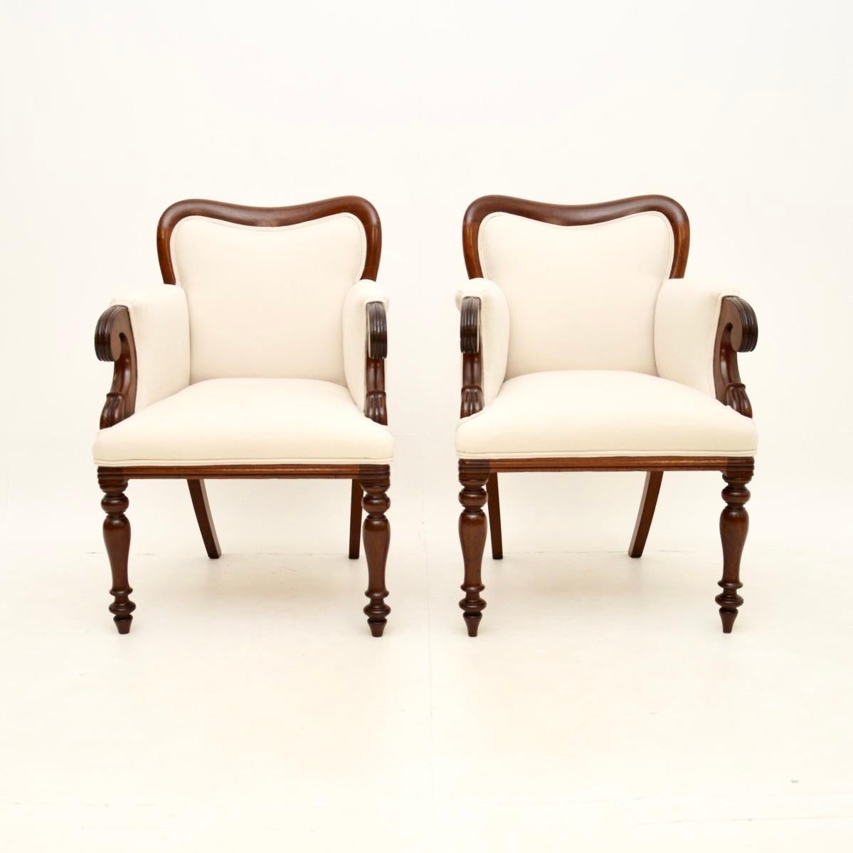An outstanding pair of antique William IV period armchairs. They were made in England, they date from around the 1830-40’s.

They are of superb quality and are a lovely, compact size. The frames are beautifully designed, with beautiful carving on