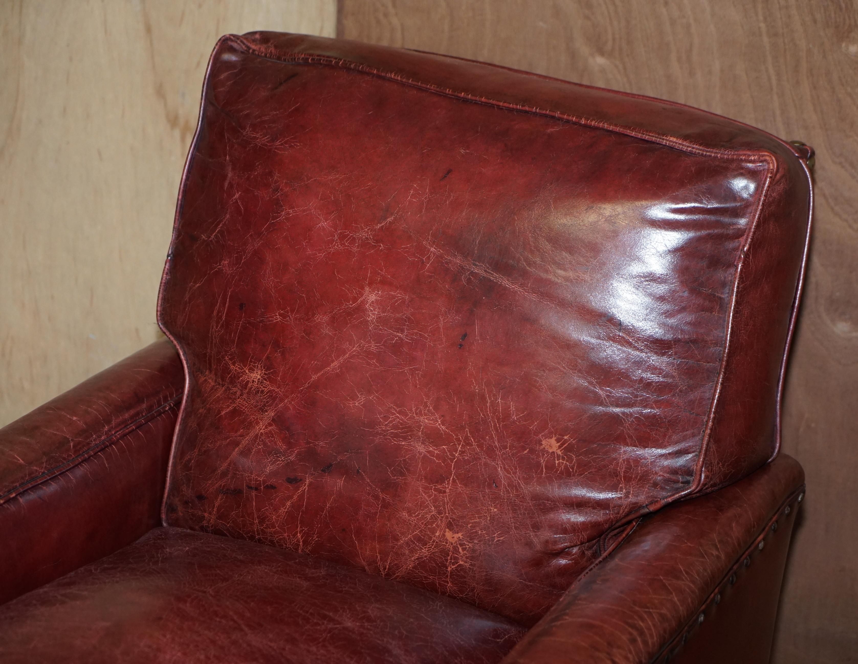 Pair of Antique William Morris Art Deco Bordeaux Brown Leather Club Armchairs 12