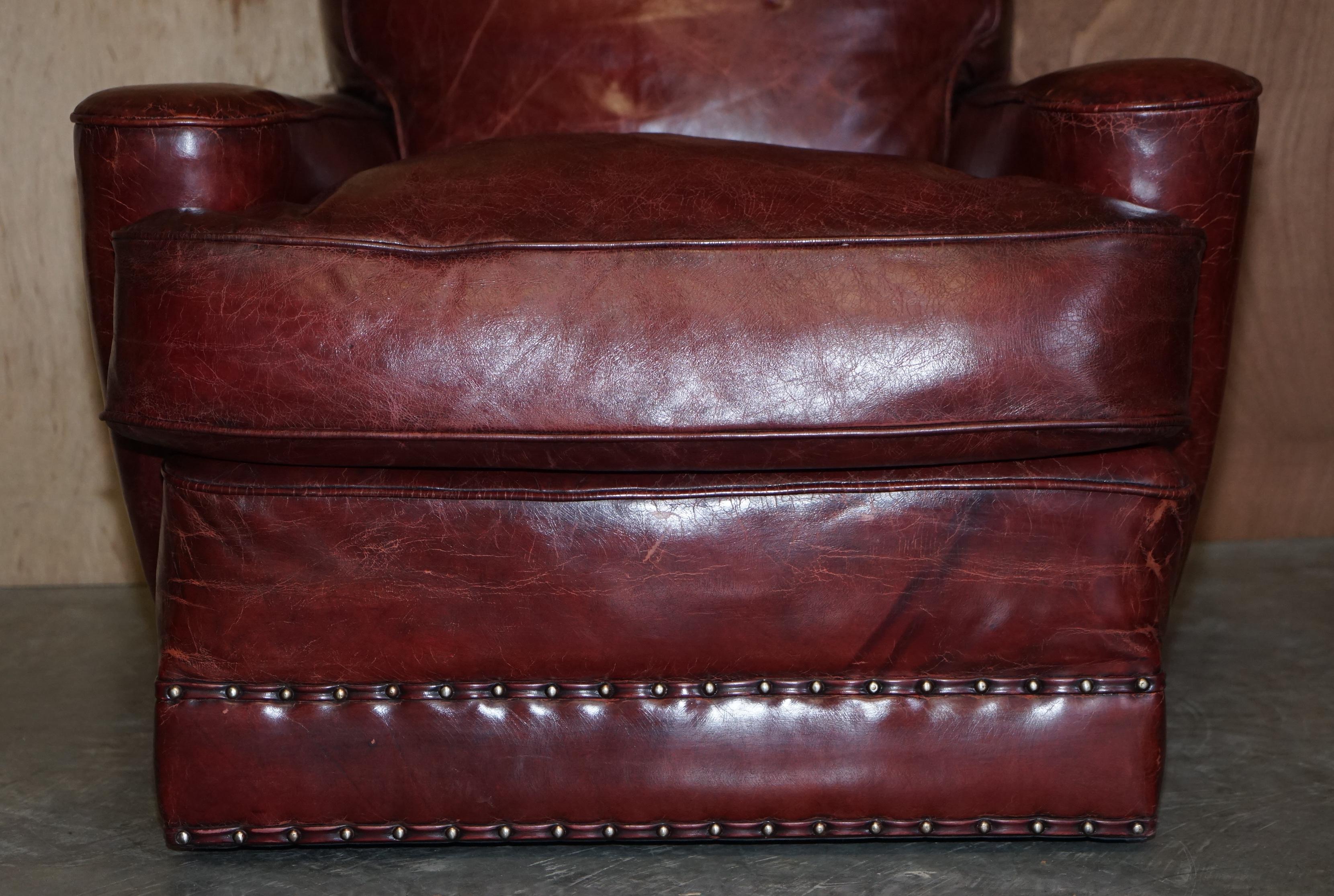 Pair of Antique William Morris Art Deco Bordeaux Brown Leather Club Armchairs 4