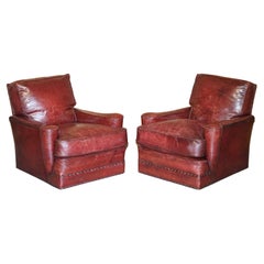 Pair of Used William Morris Art Deco Bordeaux Brown Leather Club Armchairs