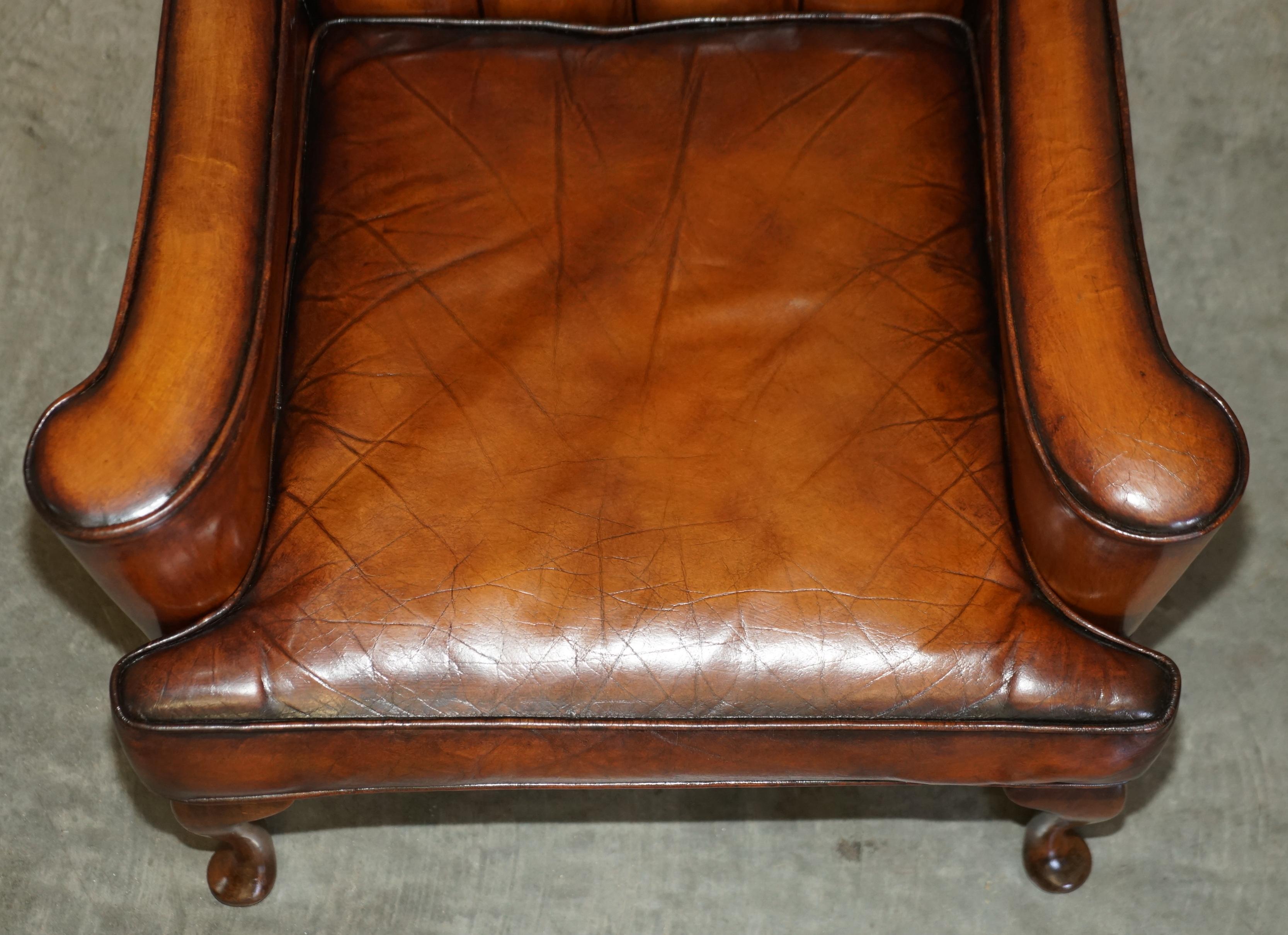 PAIR OF ANTIQUE WILLIAM MORRIS WiNGBACK ARMCHAIRS HAND DYED CIGAR BROWN LEATHER For Sale 3