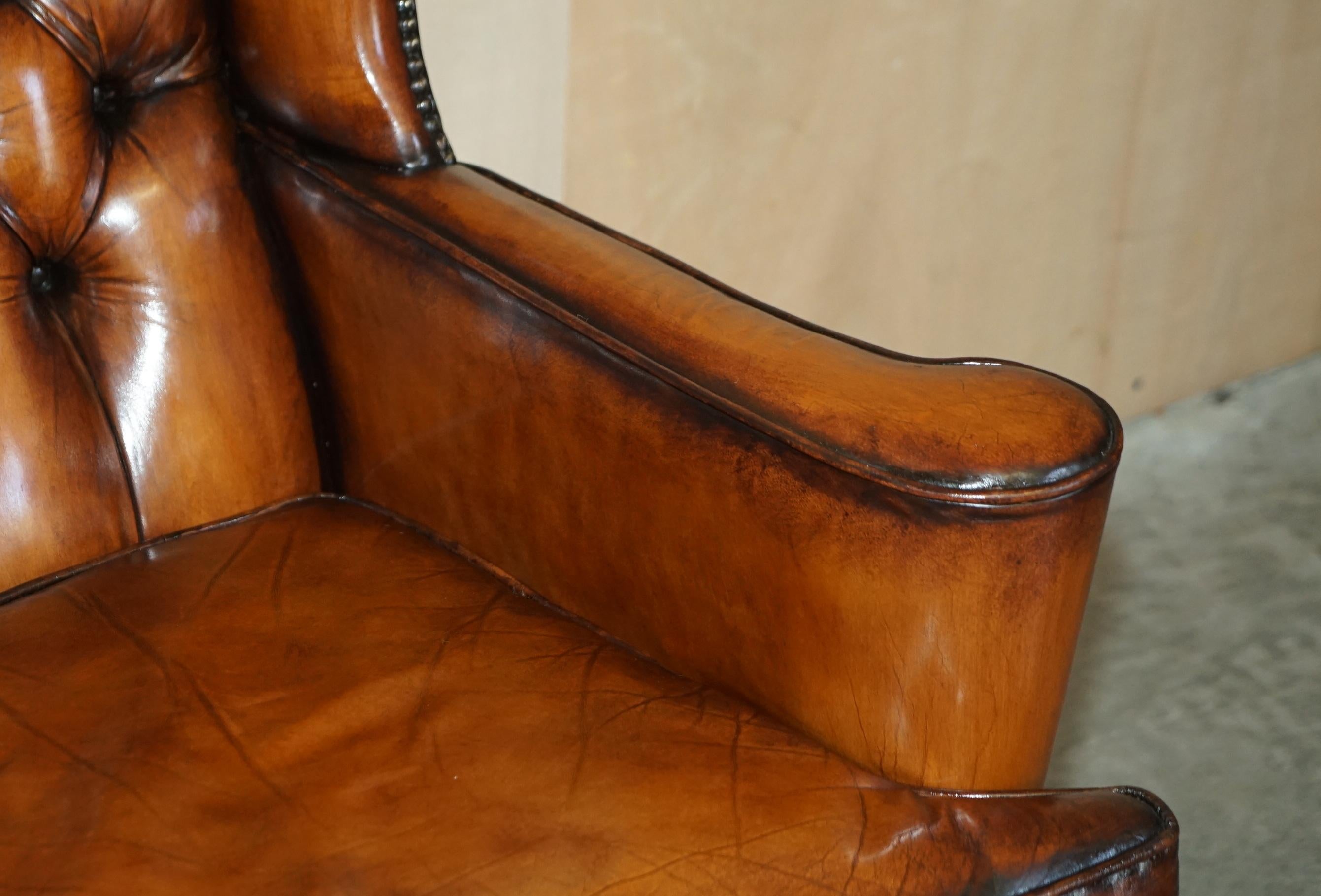 PAIR OF ANTIQUE WILLIAM MORRIS WiNGBACK ARMCHAIRS HAND DYED CIGAR BROWN LEATHER 6