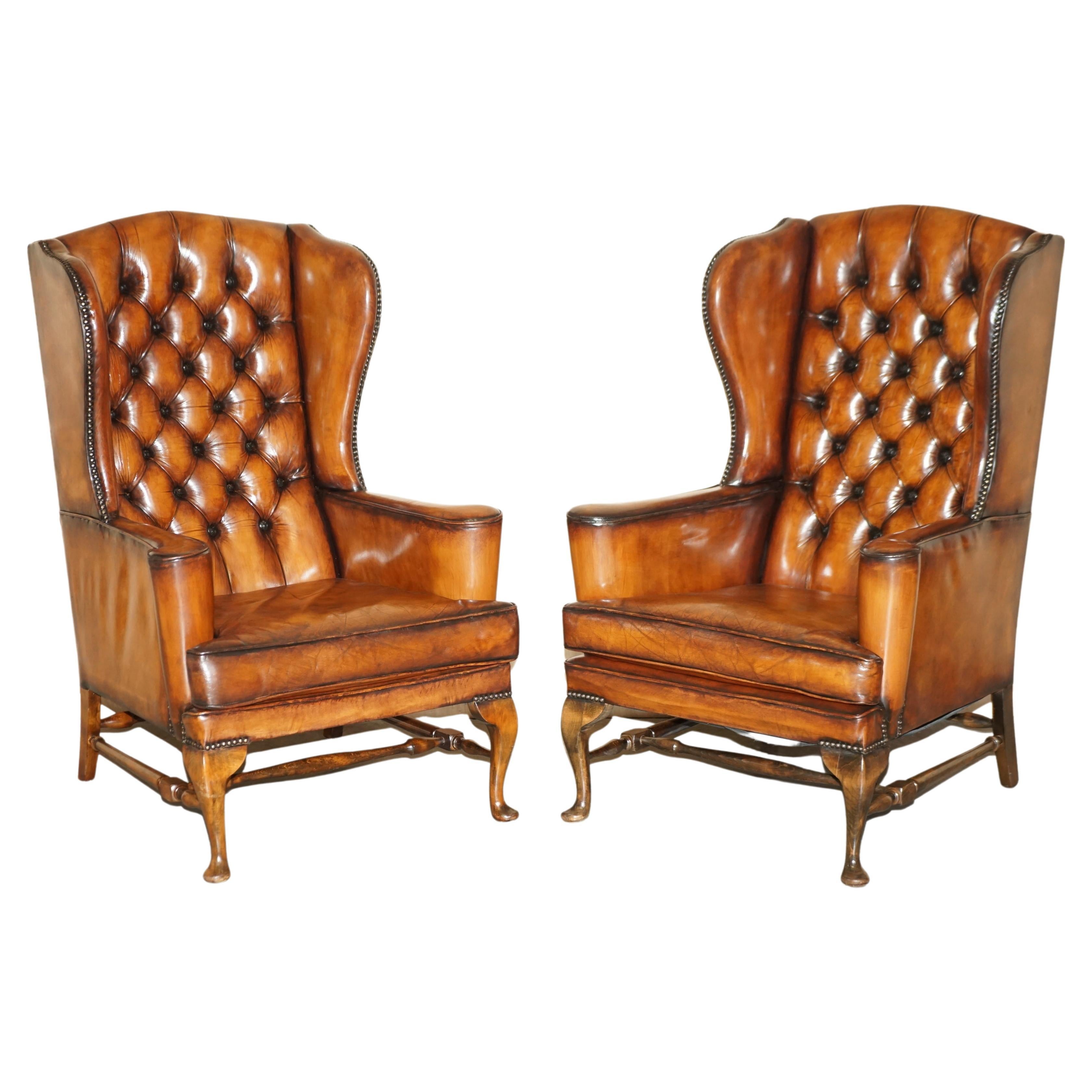 PAIR OF ANTIQUE WILLIAM MORRIS WiNGBACK ARMCHAIRS HAND DYED CIGAR BROWN LEATHER For Sale