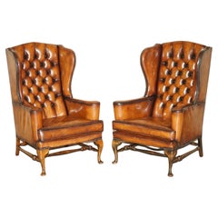 PAIR OF ANTIQUE WILLIAM MORRIS WiNGBACK ARMCHAIRS HAND DYED CIGAR BROWN LEATHER