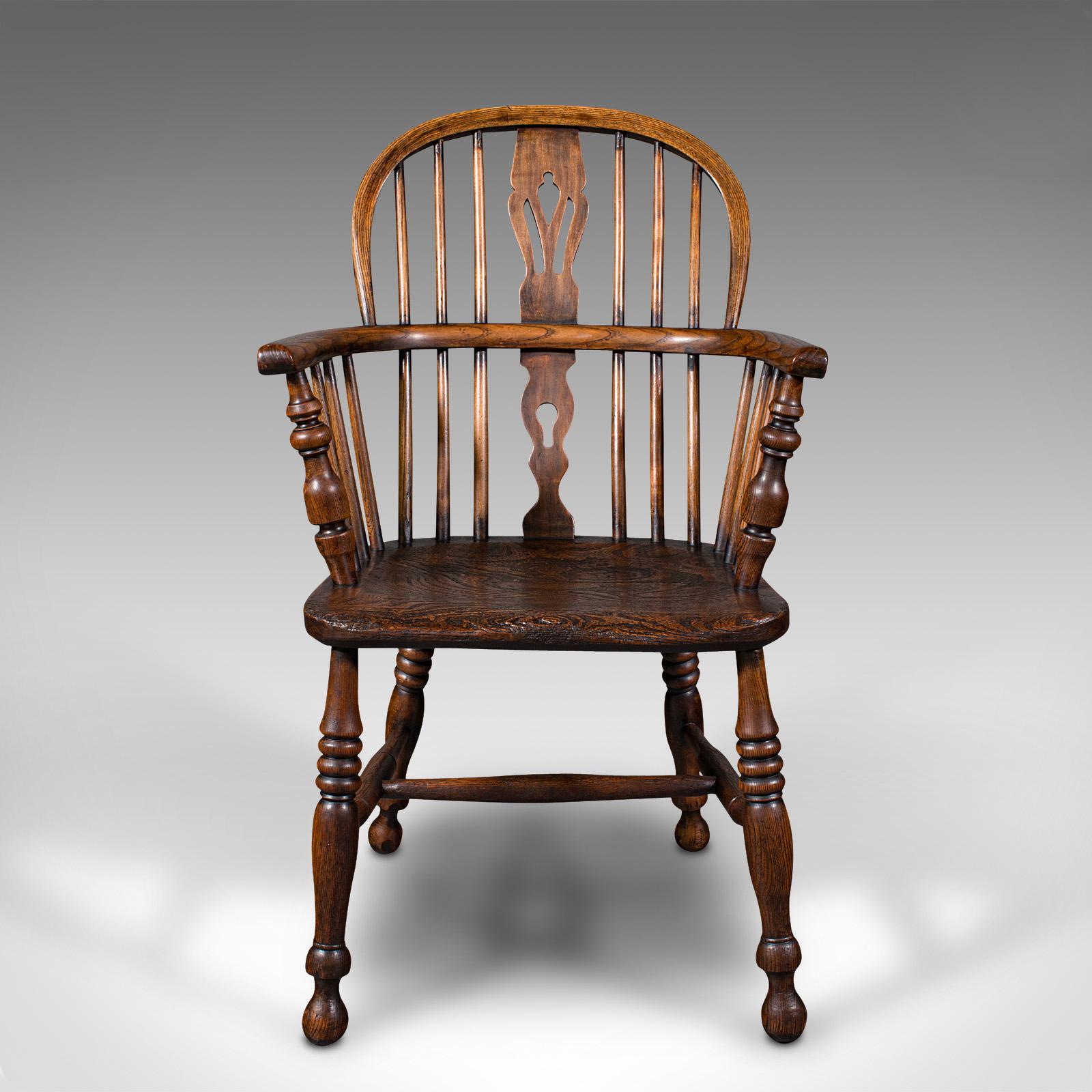British Pair of Antique Windsor Chairs, English, Elm, Ash, Elbow, Armchair, Victorian