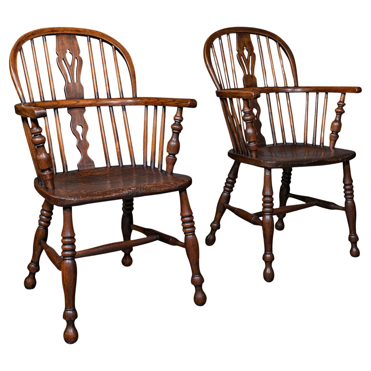 Pair of Antique Windsor Chairs, English, Elm, Ash, Elbow, Armchair, Victorian