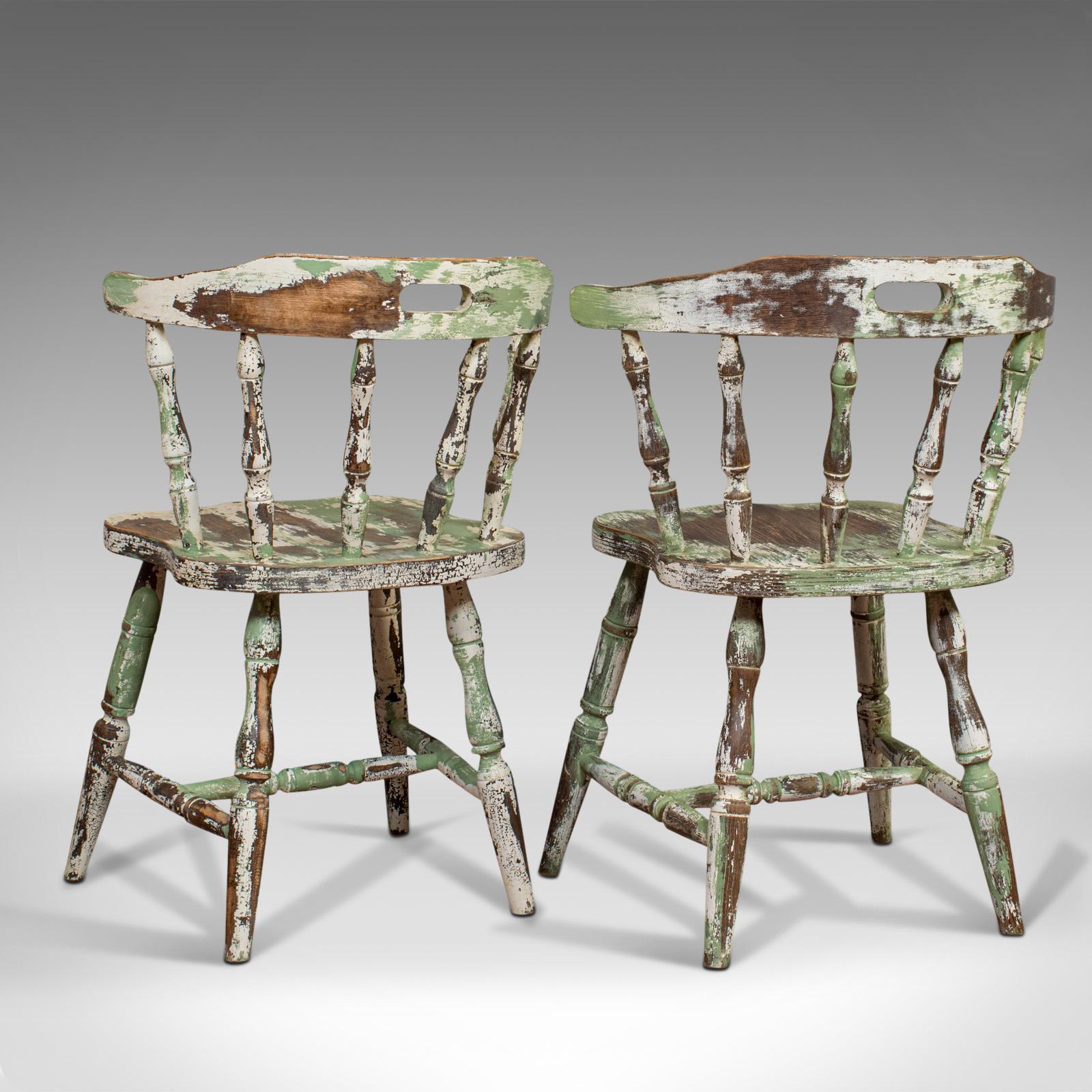 Hand-Painted Pair of Antique Windsor Chairs, French, Beech, Bow Back Chair, Late 19th Century