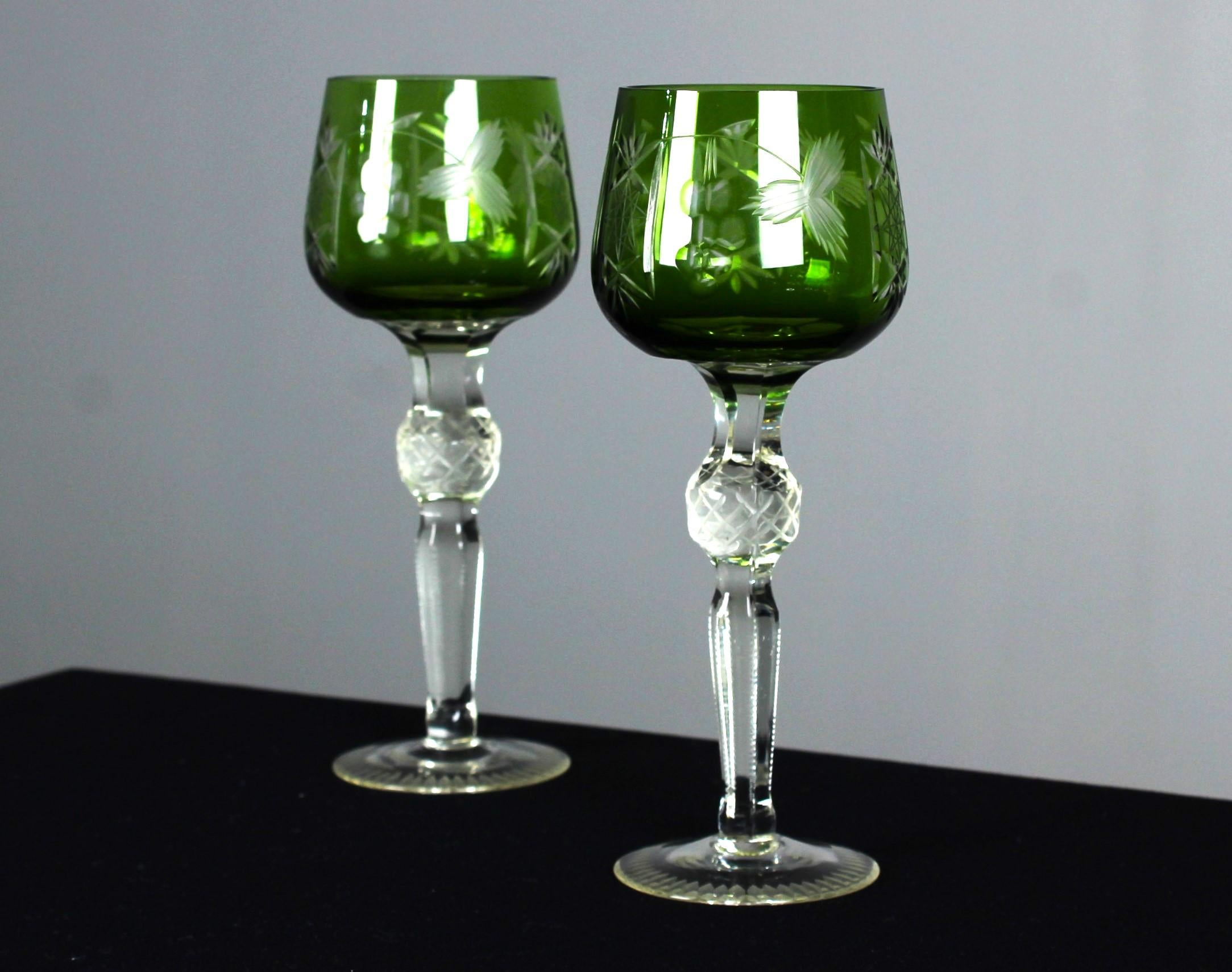 Late Victorian Pair Of Antique Wine Glasses, Hand-Carved, 1900s, France, 22 cm For Sale