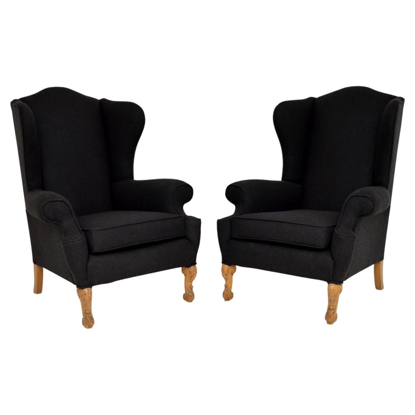 Pair of Antique Wing Back Armchairs by Hille For Sale