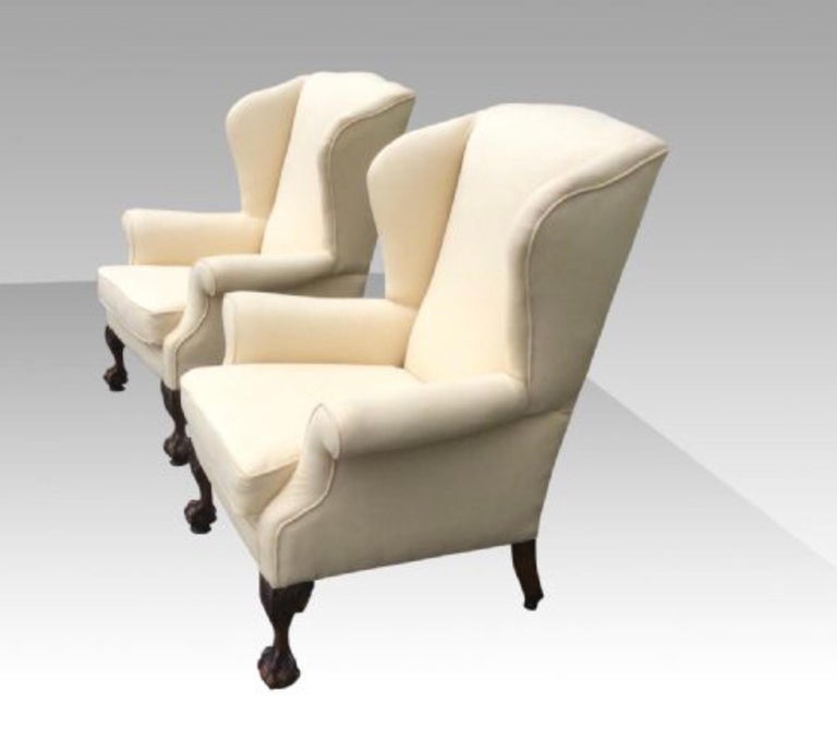 George I Pair of Antique Wing Back Wingback Arm Chairs with Mahogany Ball and Claw Feet