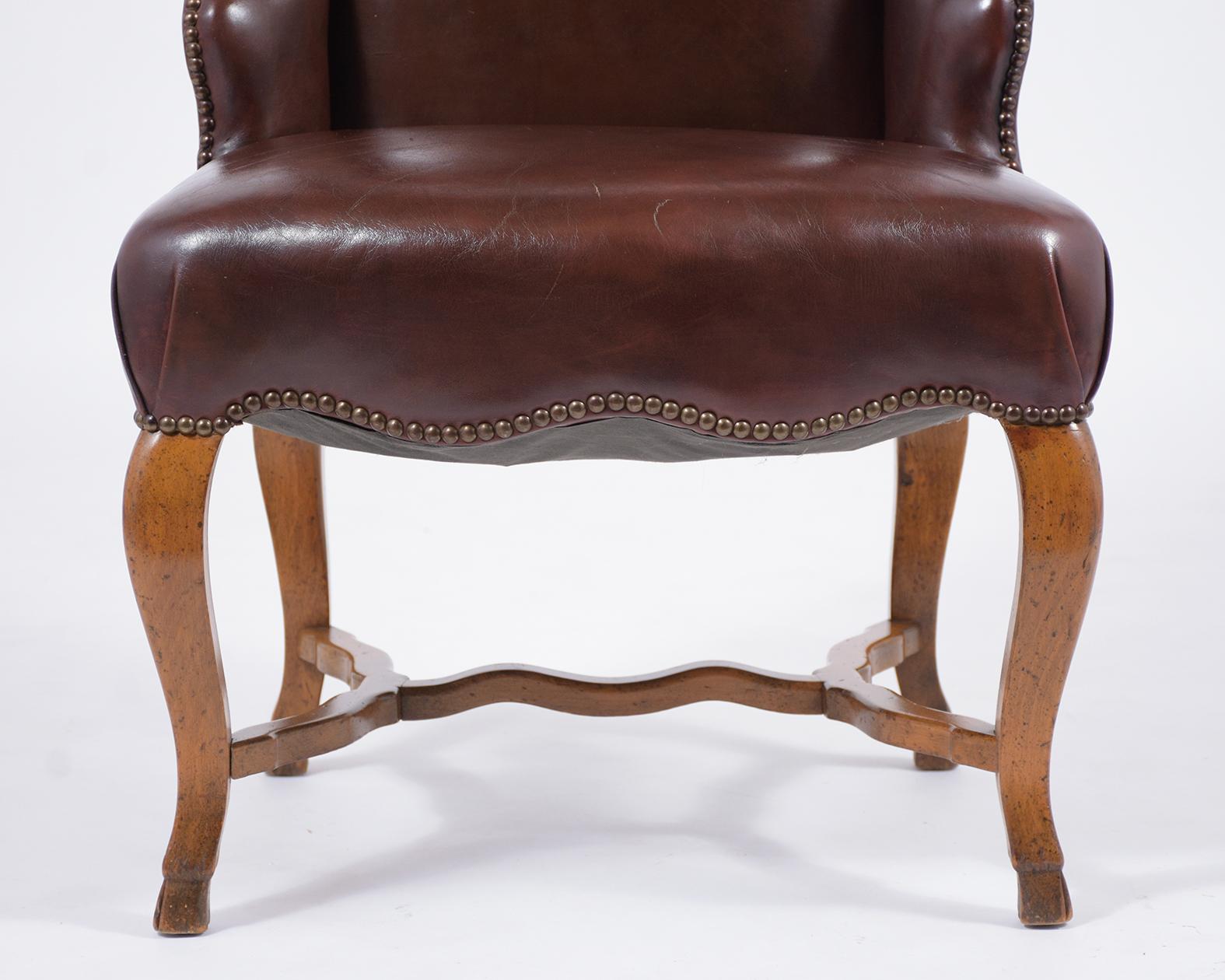 Carved French Leather Wingback Chairs