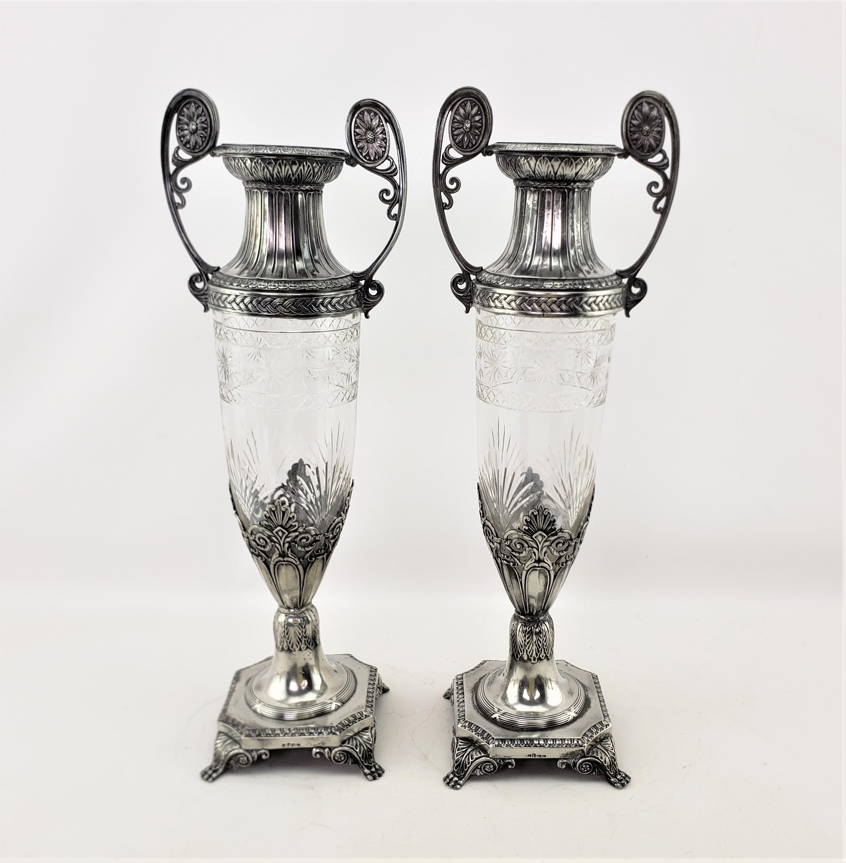 20th Century Pair of Antique WMF Cut Crystal with Silver Plated Mounts Seccessionist Vases For Sale