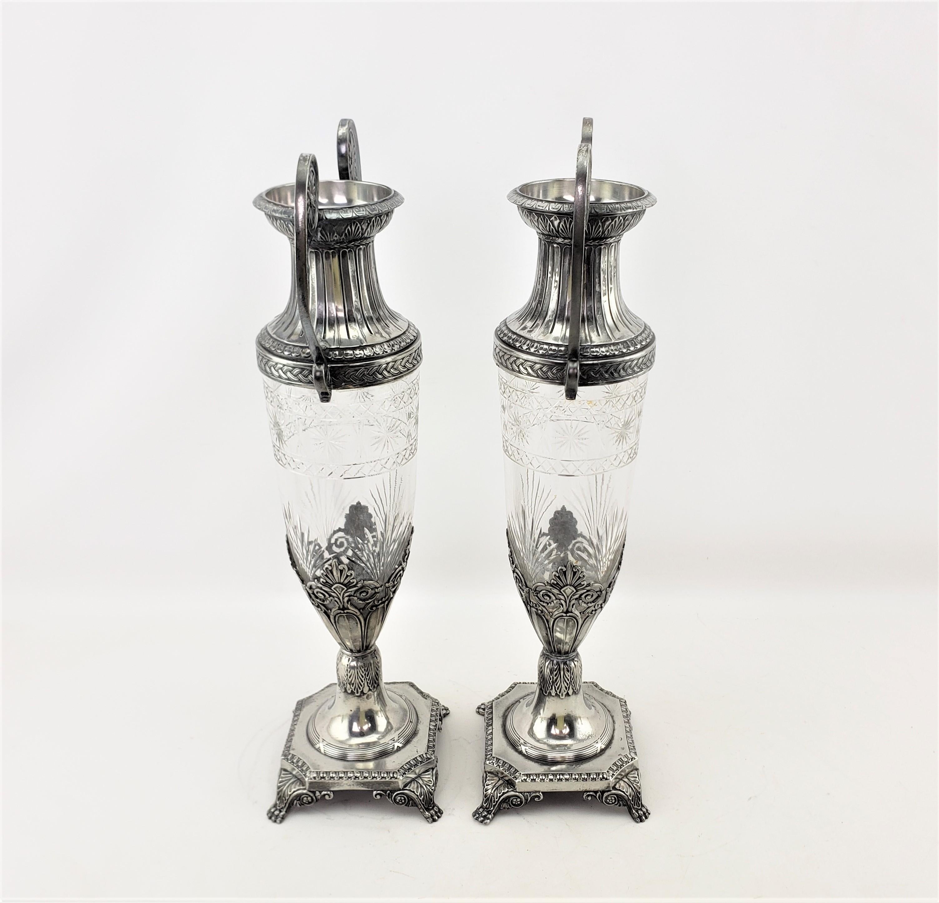 Pair of Antique WMF Cut Crystal with Silver Plated Mounts Seccessionist Vases For Sale 1