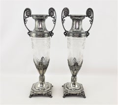 Pair of Antique WMF Cut Crystal with Silver Plated Mounts Seccessionist Vases