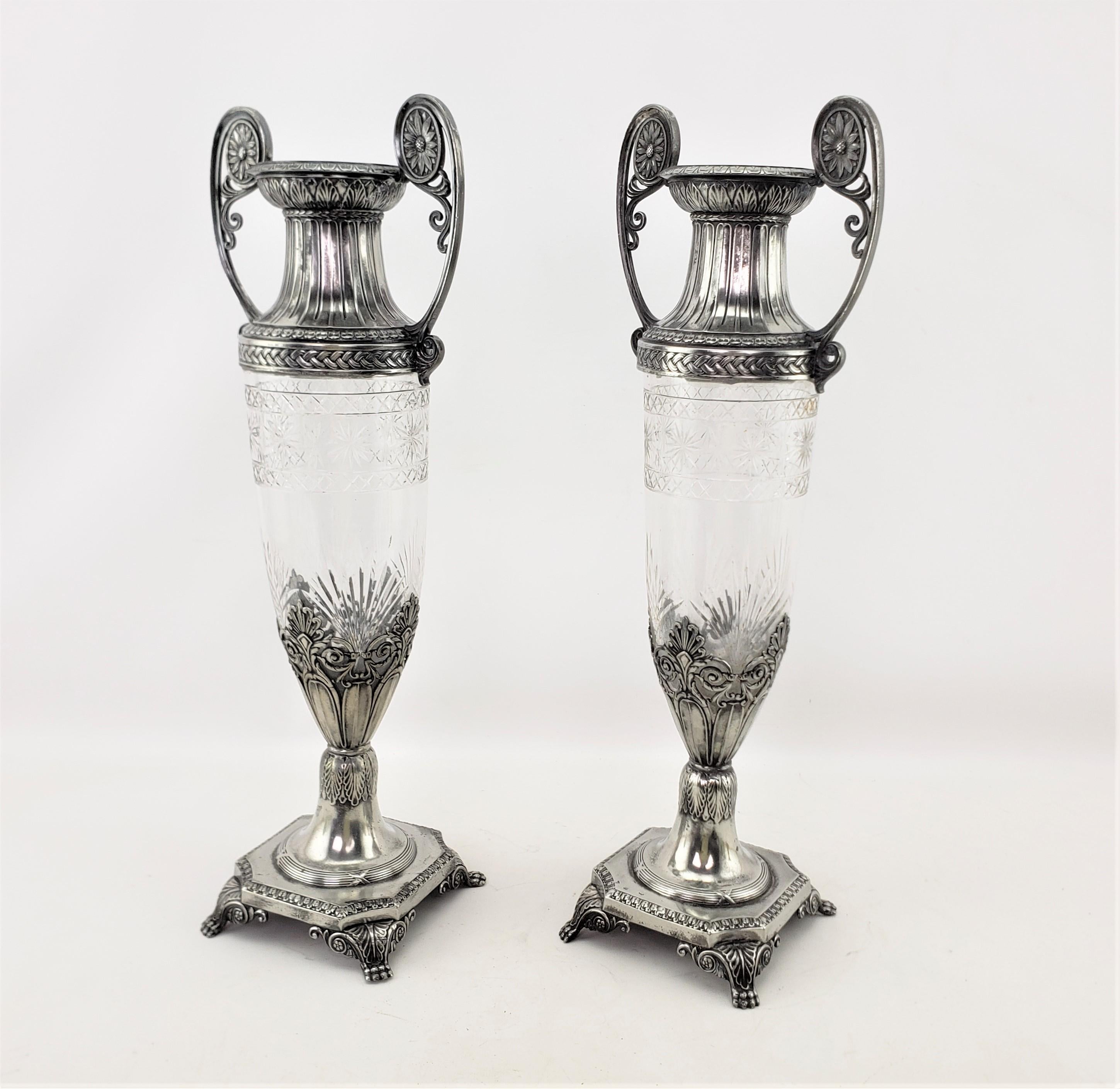 Vienna Secession Pair of Antique WMF Cut Crystal with Silver Plated Mounts Seccessionist Vases For Sale