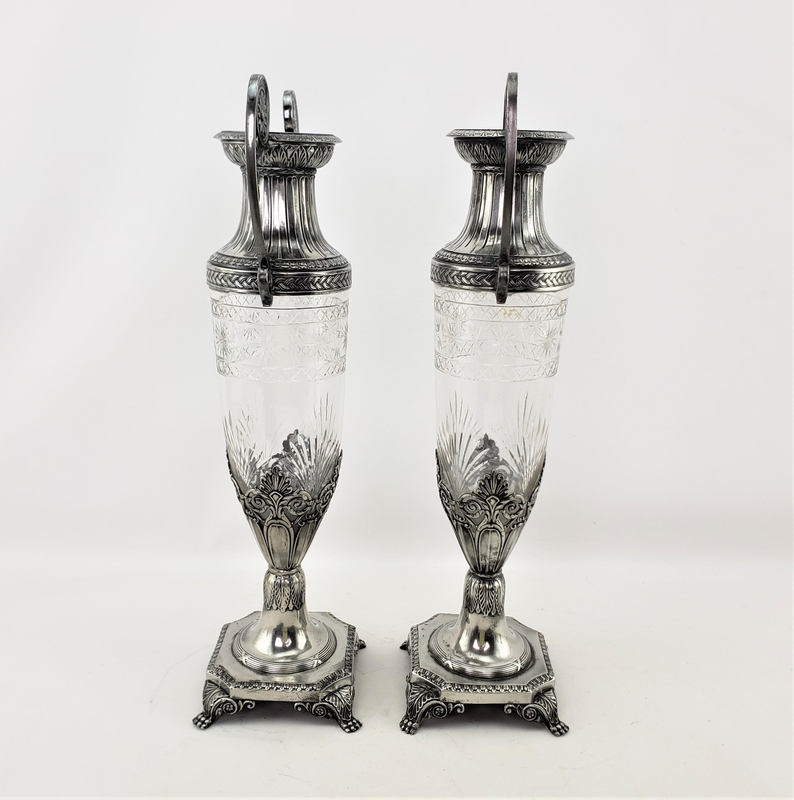 German Pair of Antique WMF Cut Crystal with Silver Plated Mounts Seccessionist Vases For Sale