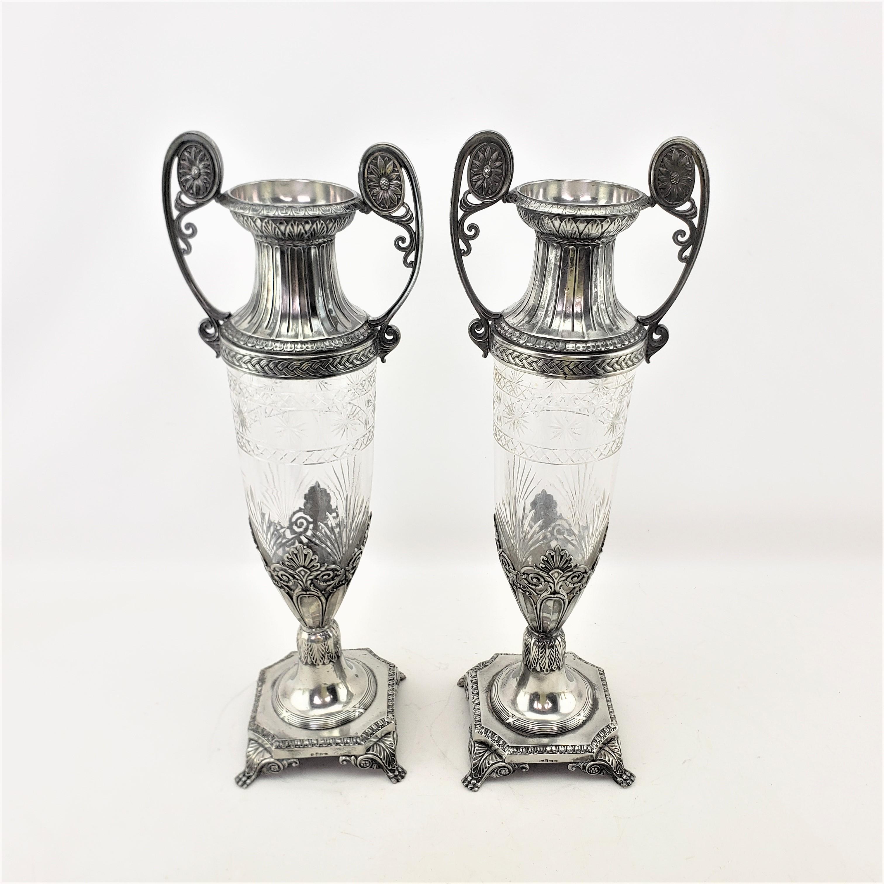 Pair of Antique WMF Cut Crystal with Silver Plated Mounts Seccessionist Vases In Good Condition For Sale In Hamilton, Ontario