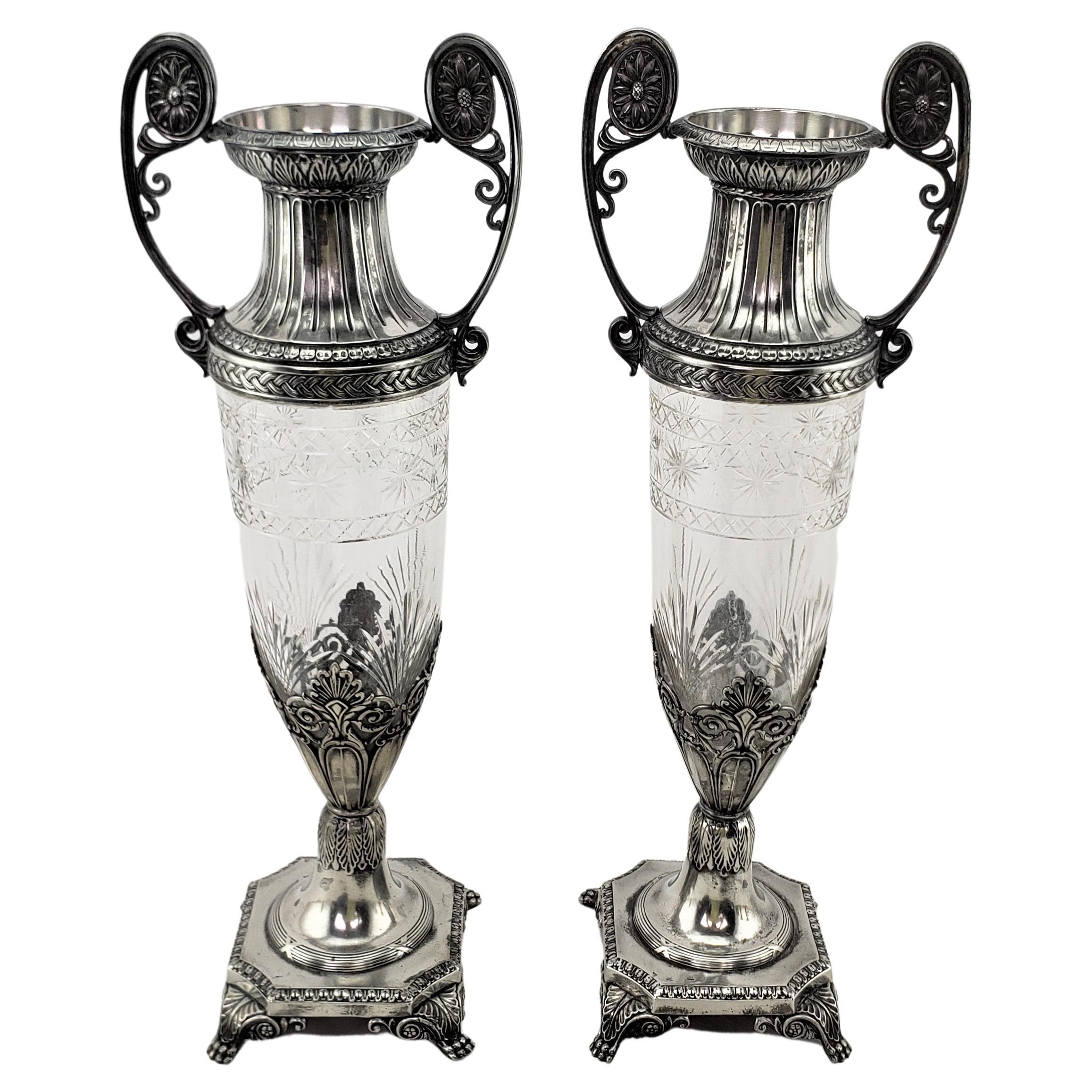 Pair of Antique WMF Cut Crystal with Silver Plated Mounts Seccessionist Vases For Sale