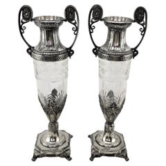 Pair of Antique WMF Cut Crystal with Silver Plated Mounts Seccessionist Vases