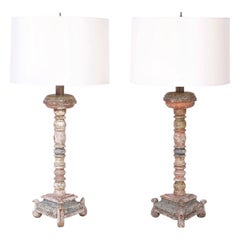 Pair of Antique Wood Candlesticks Converted to Table Lamps