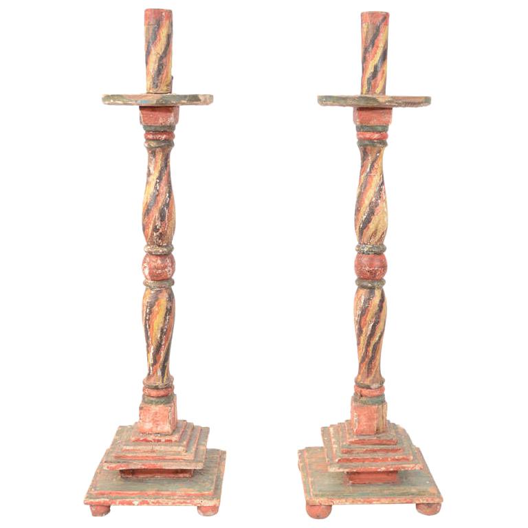 Pair of Antique Wood Carved Altar Candlesticks For Sale