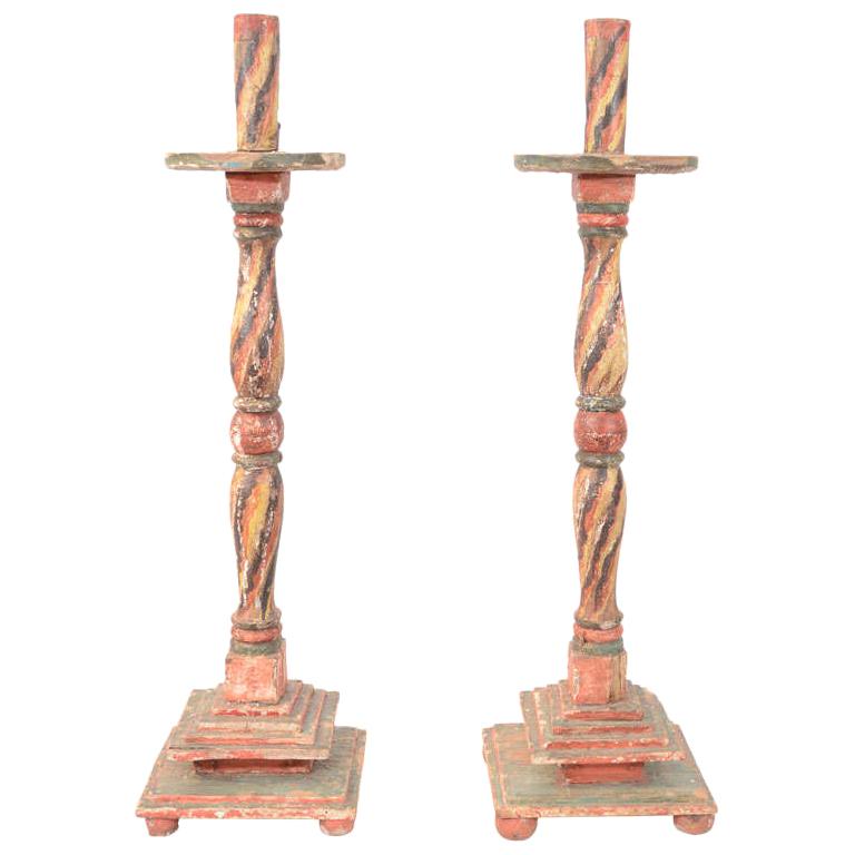Pair of Antique Wood Carved Altar Candlesticks For Sale at 1stDibs