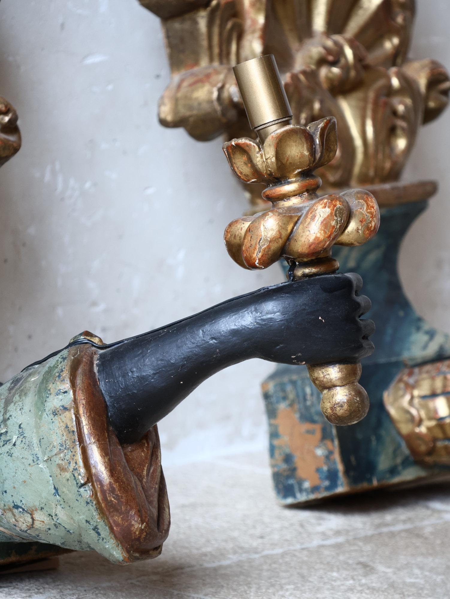 Pair of antique wood carved Blackamoor arm and hand wall sconces For Sale 4