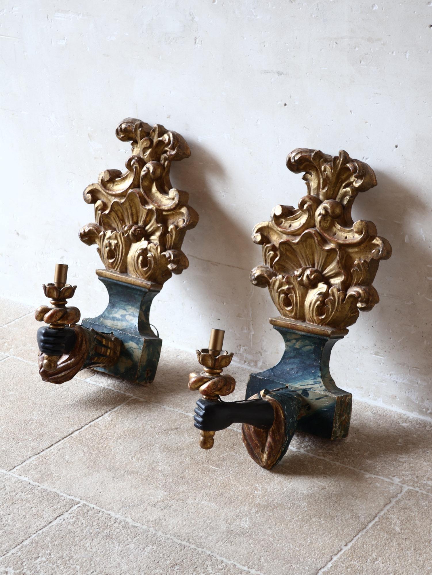 Pair of antique wood carved Blackamoor arm and hand wall sconces For Sale 6