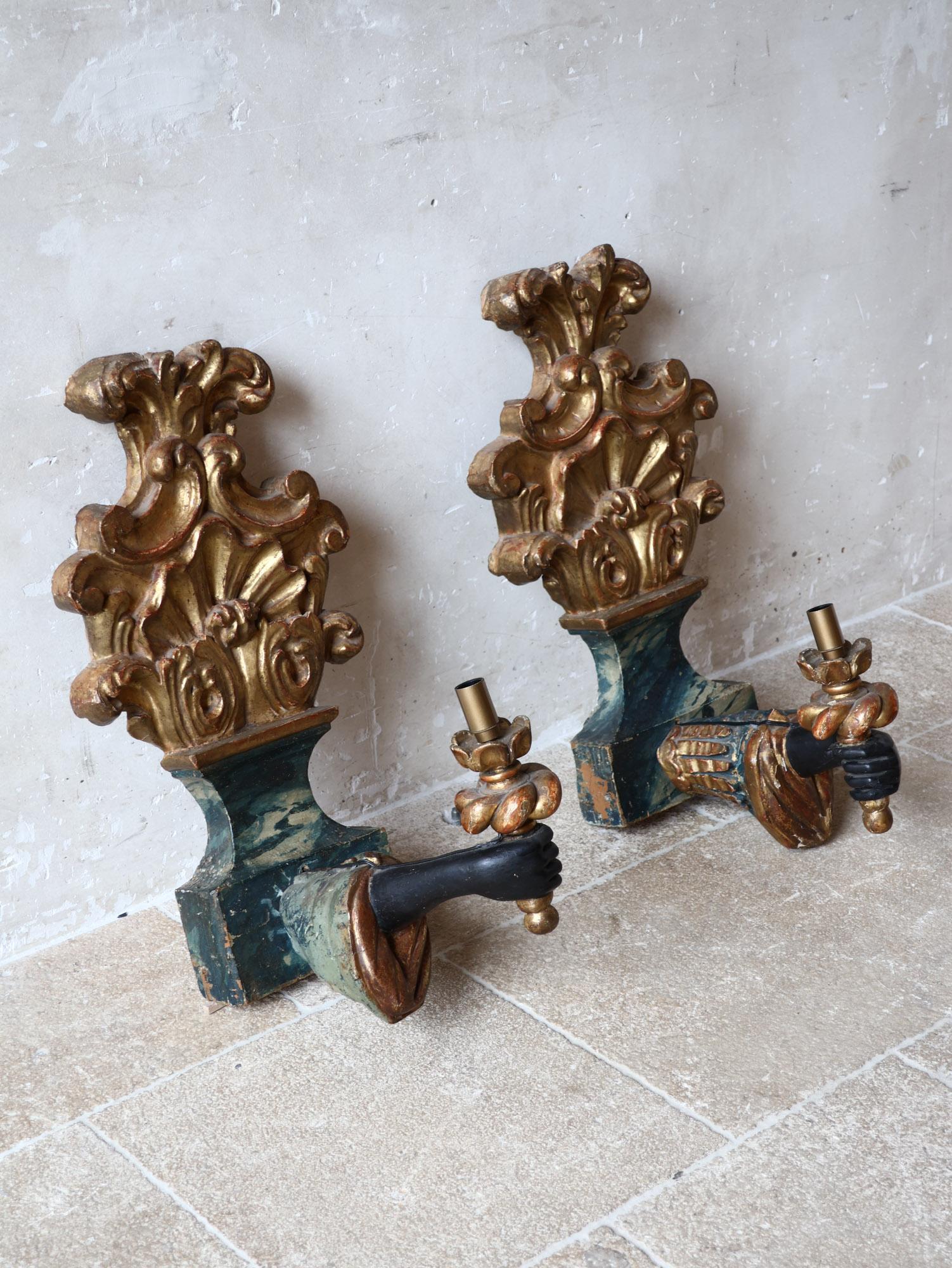 Pair of antique wood carved Blackamoor arm and hand wall sconces For Sale 7