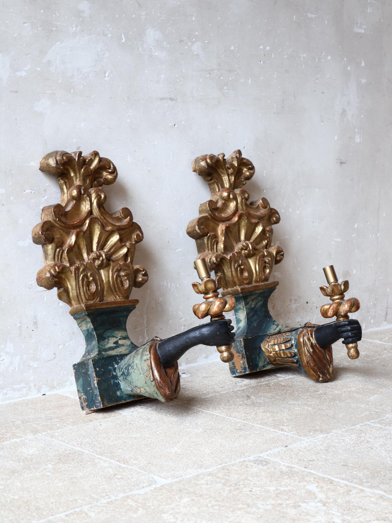18th Century and Earlier Pair of antique wood carved Blackamoor arm and hand wall sconces For Sale