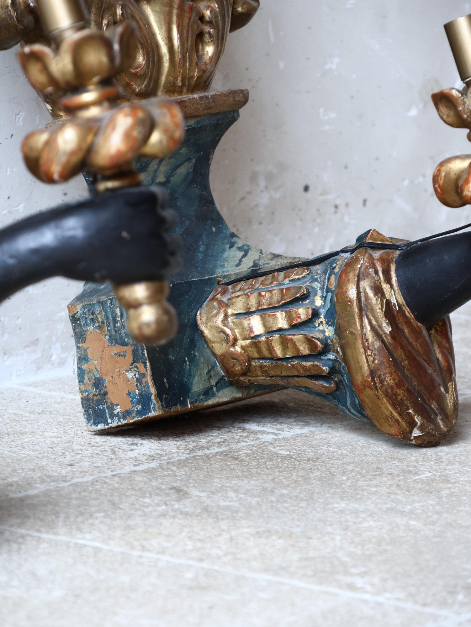 Pair of antique wood carved Blackamoor arm and hand wall sconces For Sale 3