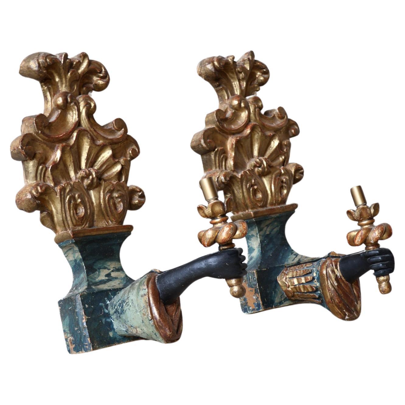 Pair of antique wood carved Blackamoor arm and hand wall sconces For Sale