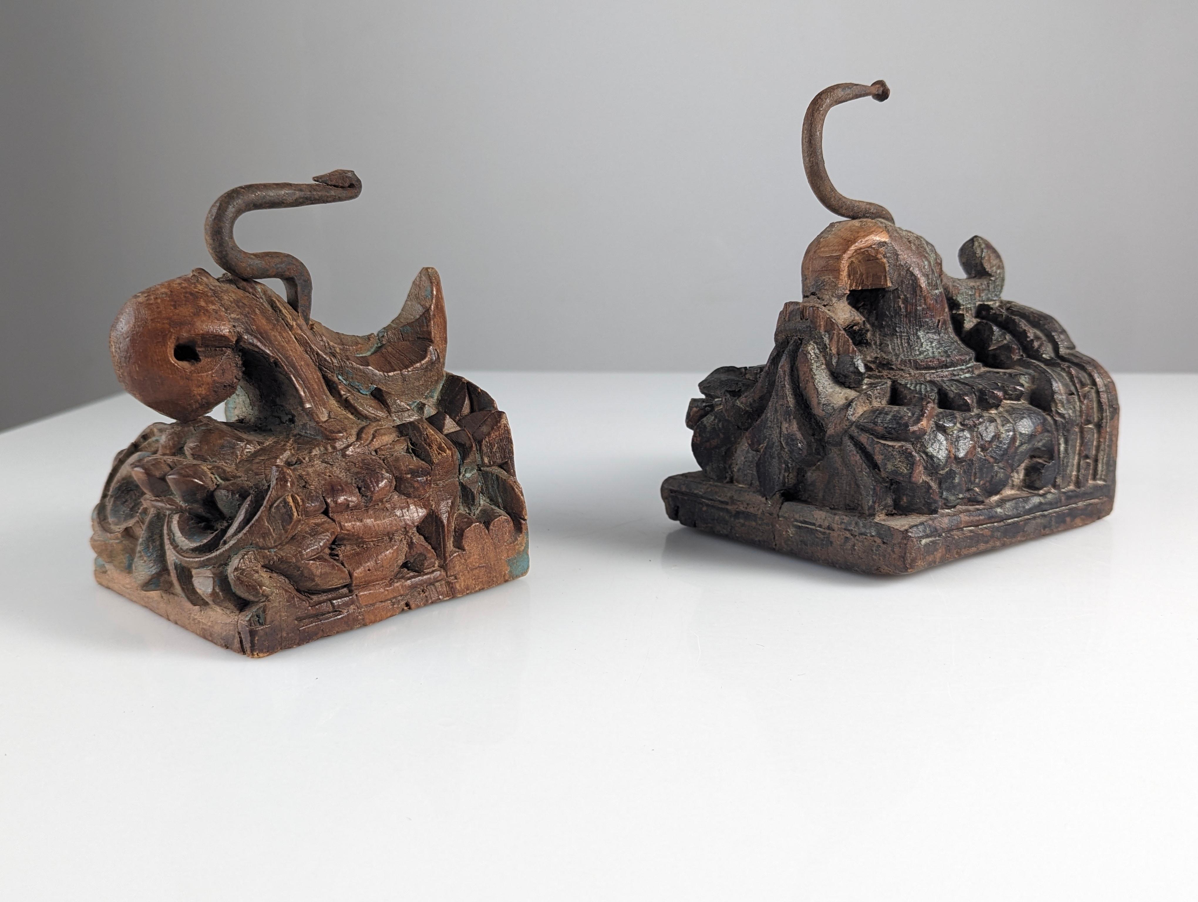Pair of Antique Wood Carved Elephant Head Hangers, India For Sale 9