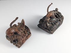 Pair of Antique Wood Carved Elephant Head Hangers, India