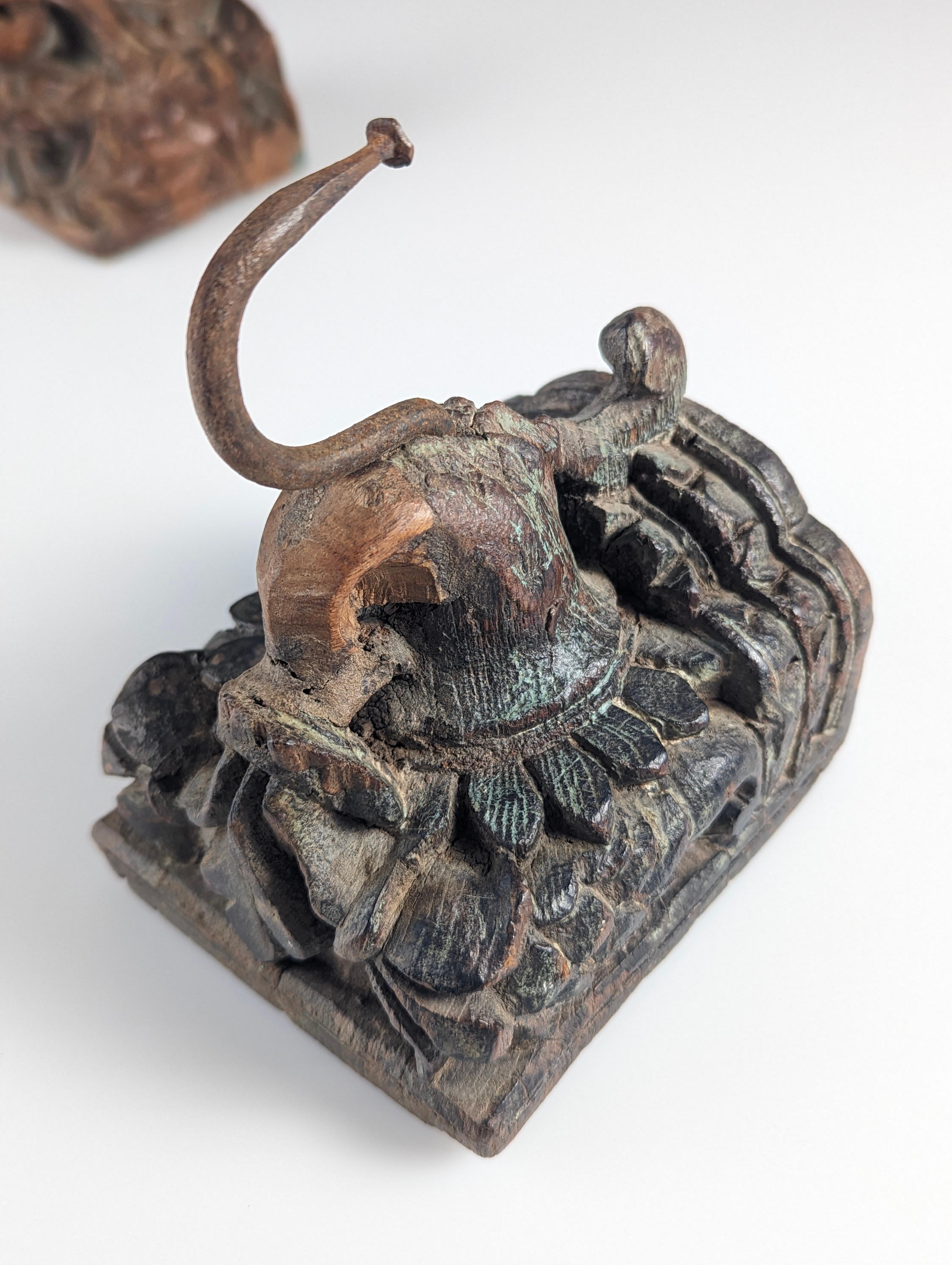 Pair of Antique Wood Carved Elephant Head Hangers, India For Sale 2