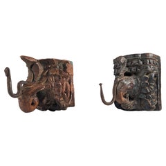 Pair of Vintage Wood Carved Elephant Head Hangers, India