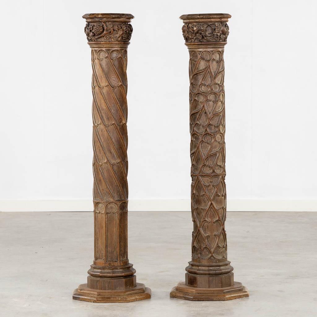 Wood Pair of antique wood carved Gothic Revival architectural Columns For Sale