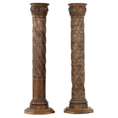 Pair of antique wood carved Gothic Revival architectural Columns
