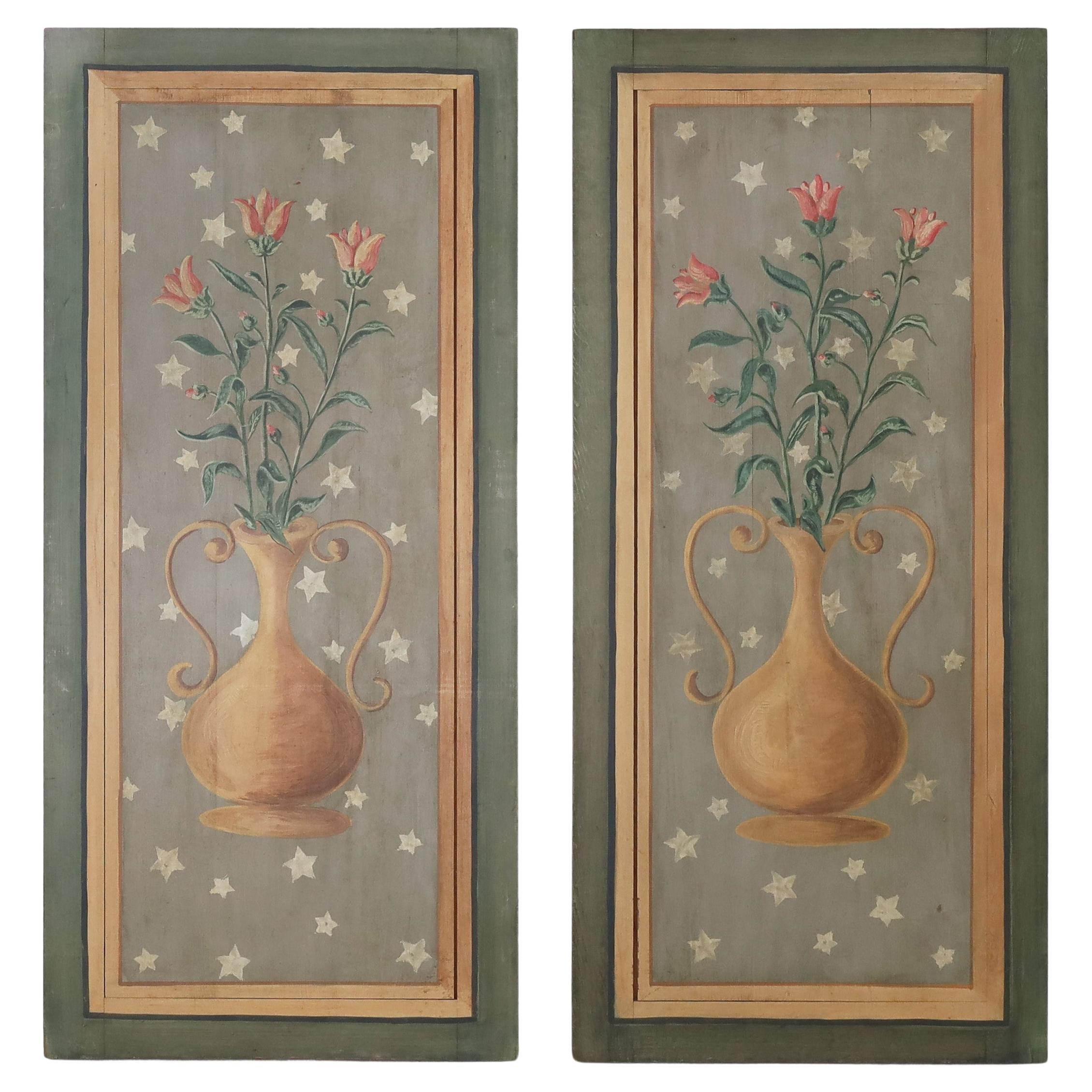 Pair of Antique Wood Decorative Painted Panels