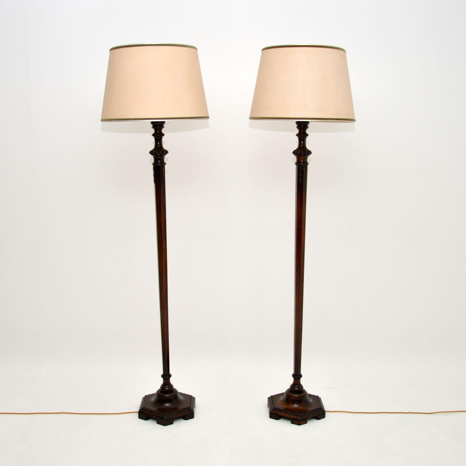 A beautiful pair of antique carved floor lamps, it is unusual to find a matching pair in this style. They were made in England, and date from the 1910-20’s period.

These lamps are of excellent quality, with lovely carving throughout. They are in