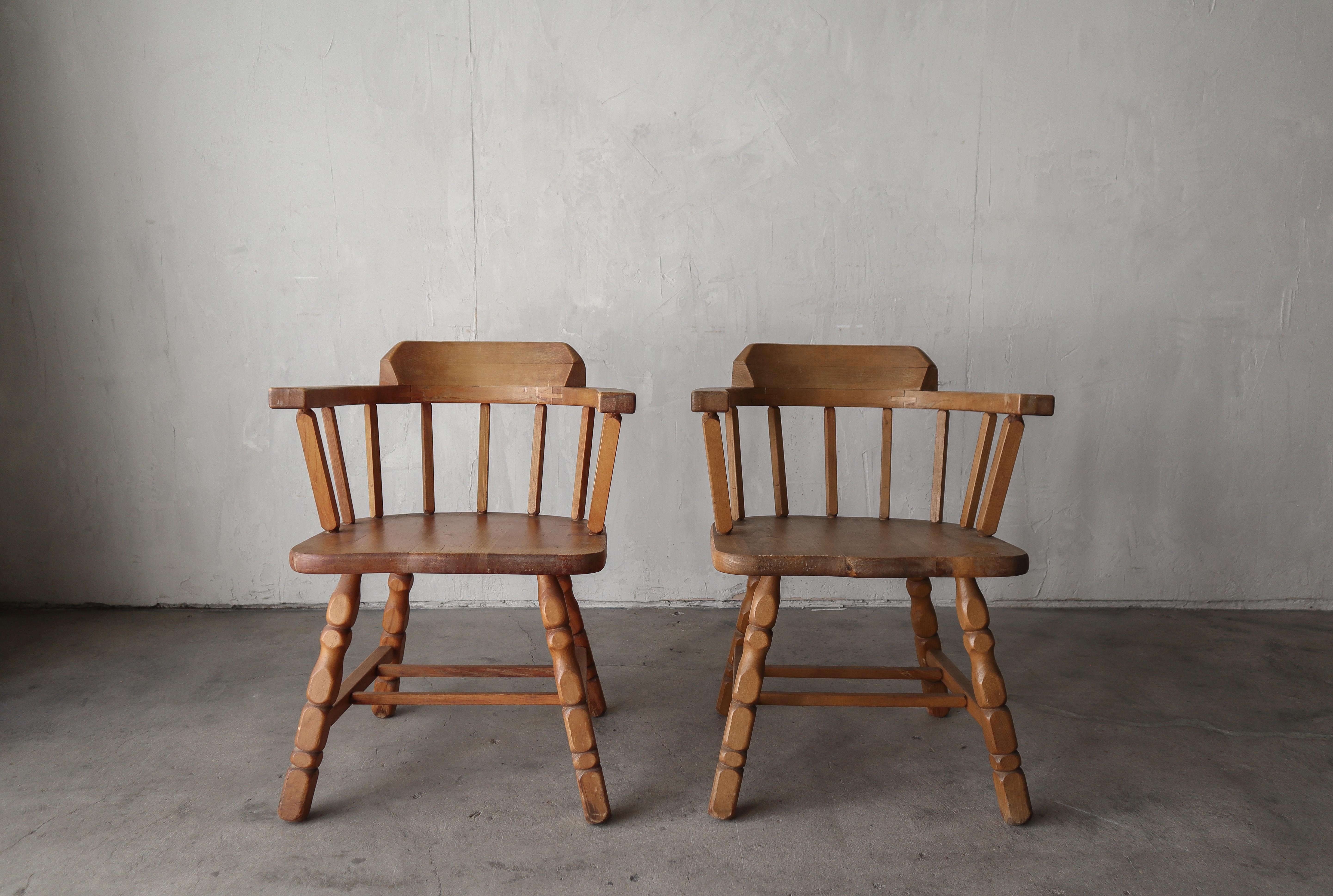 Beautiful pair of antique chairs full of Wabi-Sabi style. These chairs have perfectly imperfect raw wooden structure. The craftsmanship details on them is unmatched. 

Chairs are in excellent, antique condition with age appropriate wear and patina