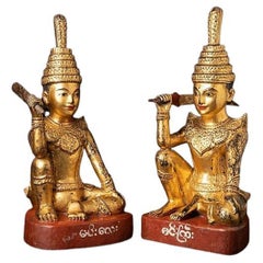 Pair of Antique Wooden Burmese Nat Statues from Burma
