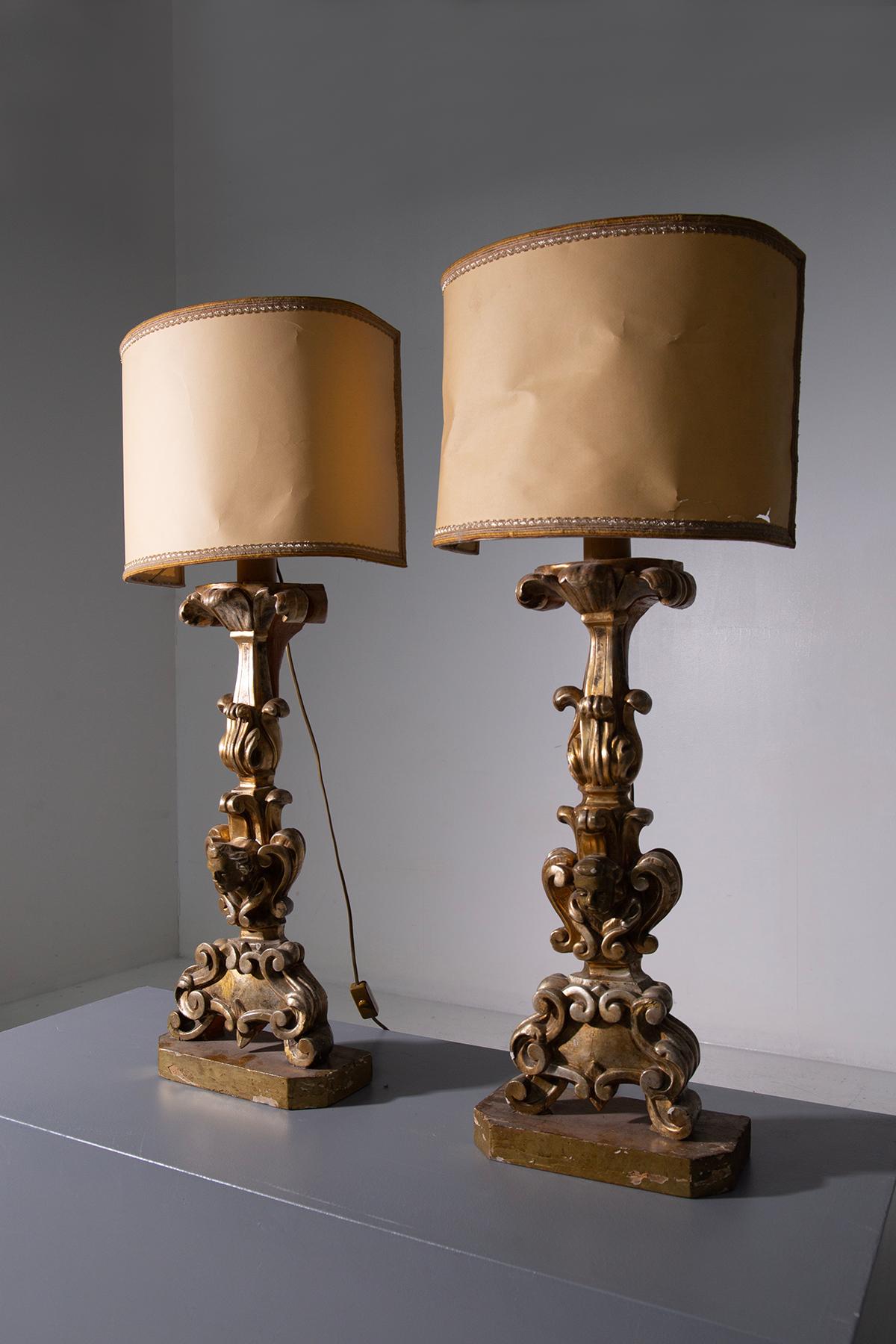 Baroque Pair of antique wooden lamps, gilded by Pietro Cipriani For Sale