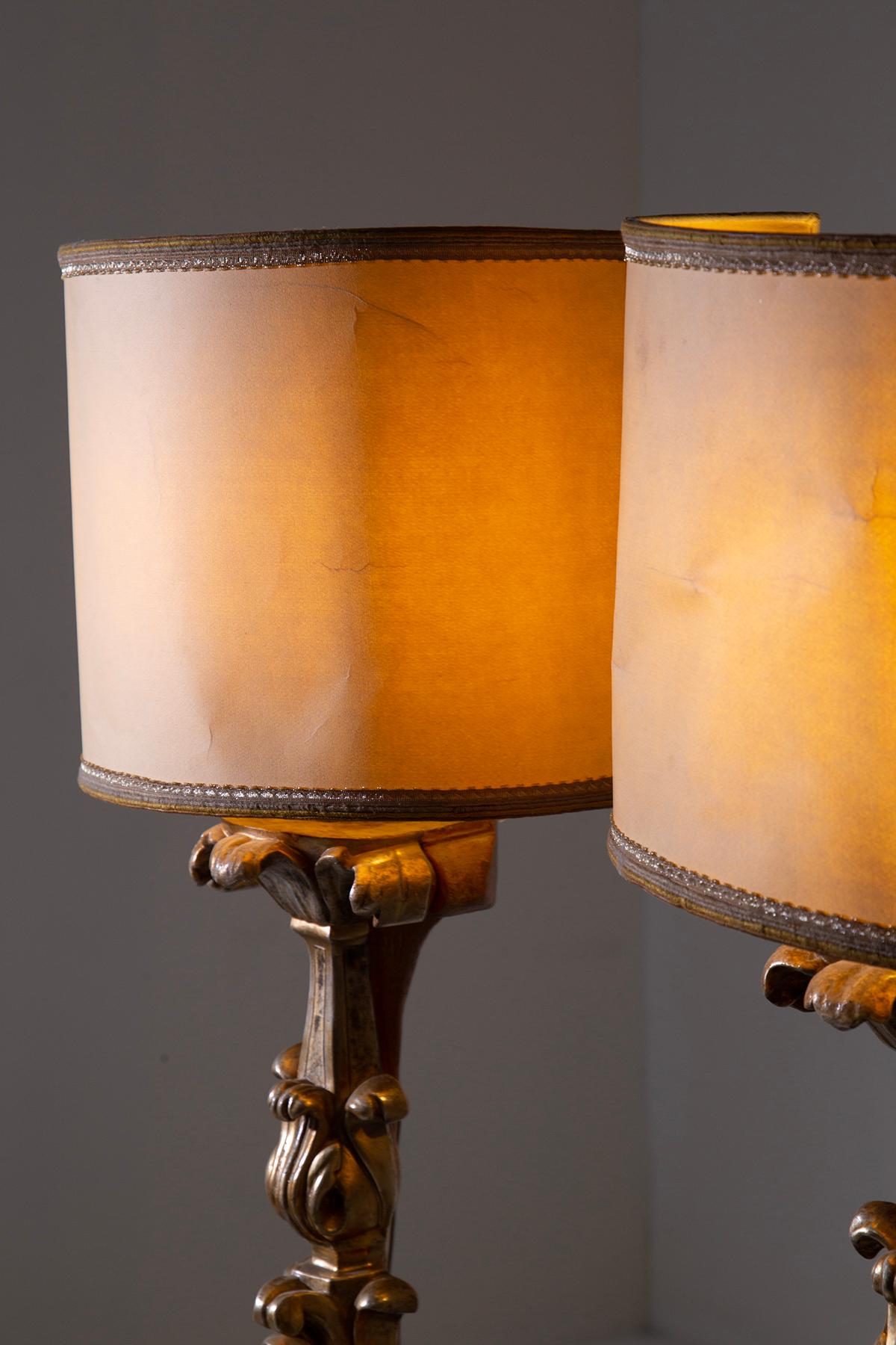 Gilt Pair of antique wooden lamps, gilded by Pietro Cipriani For Sale