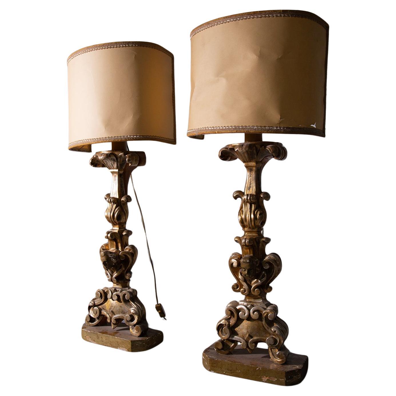 Pair of antique wooden lamps, gilded by Pietro Cipriani For Sale