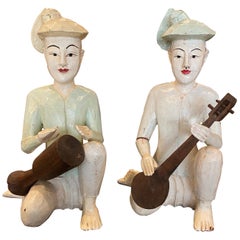 Pair of Antique Wooden Thai Musicians