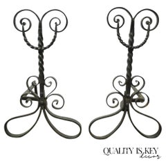 Pair of Antique Wrought Iron Arts & Crafts Art Nouveau Scrolling Andirons Black