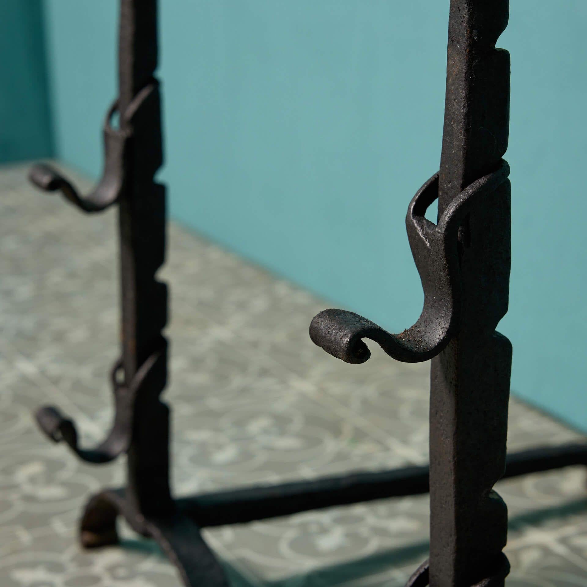 English Pair of Antique Wrought Iron Fire Dogs For Sale